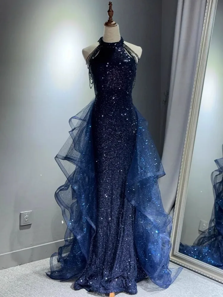 Элегантное блестящее темно-синее вечернее платье Halt Beading Party Gown Платье для выпускного вечера по индивидуальному заказу 2025 Многоуровневые халаты de soirée Sweep Train