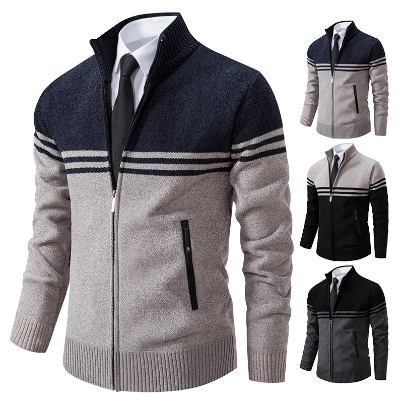 Männer Neue Winter Pullover Dicke Fleece Warme Pullover Casual Stehkragen Zipper Strickjacke Mode Gestreiften Mantel