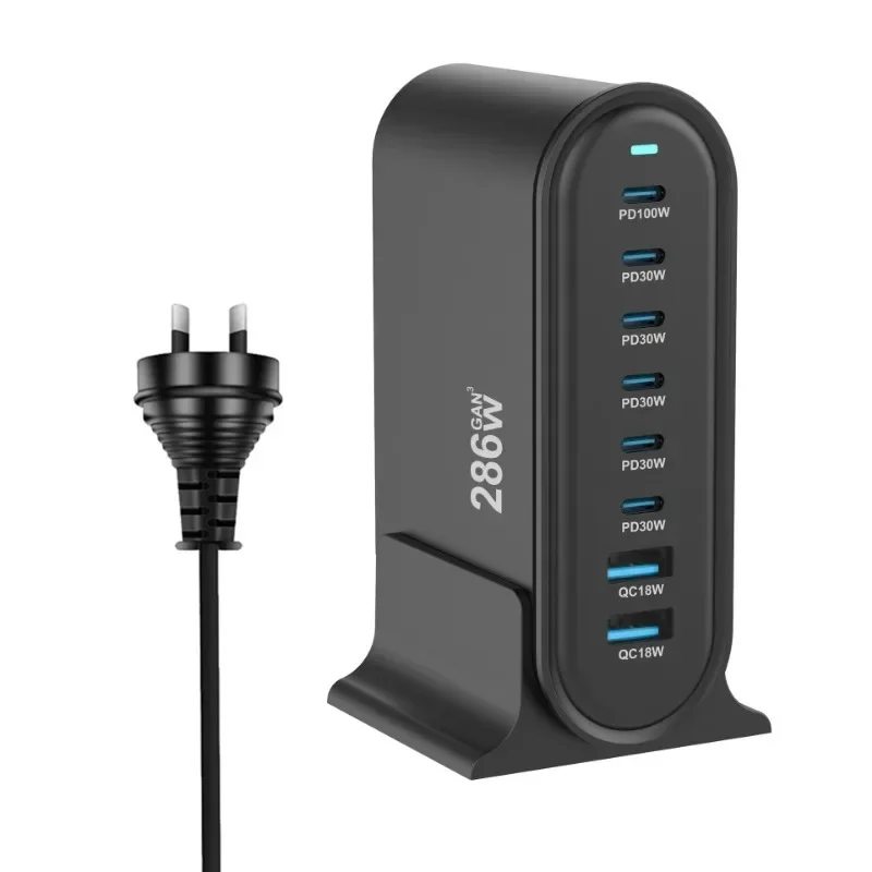 Pengisi daya Cepat Desktop GaN 286W, pengisi daya USB Tipe C PD 8 port 3.0 USB Tipe C 100W PPS