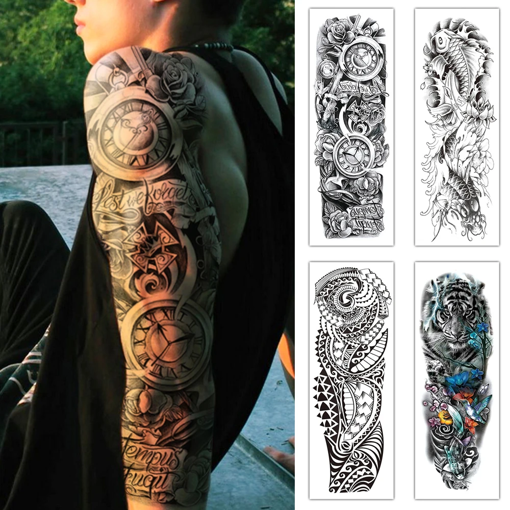 Uhr Rose Große Volle Arm Hülse Wasserdicht Temporäre Tattoo Aufkleber Gothic Tiger Schmetterling Karpfen Gefälschte Tato Körper Kunst Männer Frauen