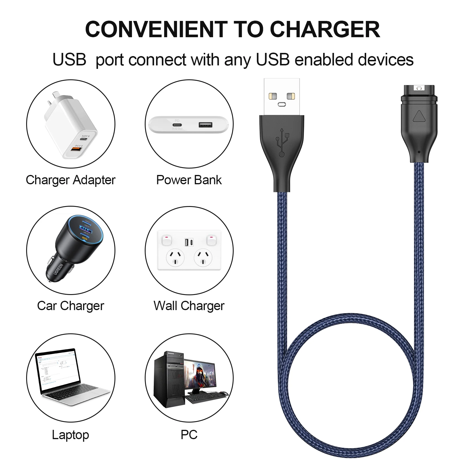 Нейлоновый USB-кабель для зарядного устройства типа C для Garmin Venu2/VenuSq2/3/3S Fenix 6/7/6S Pro/5X Plus Vivoactive4/4S/3 Forerunner 945/935/245