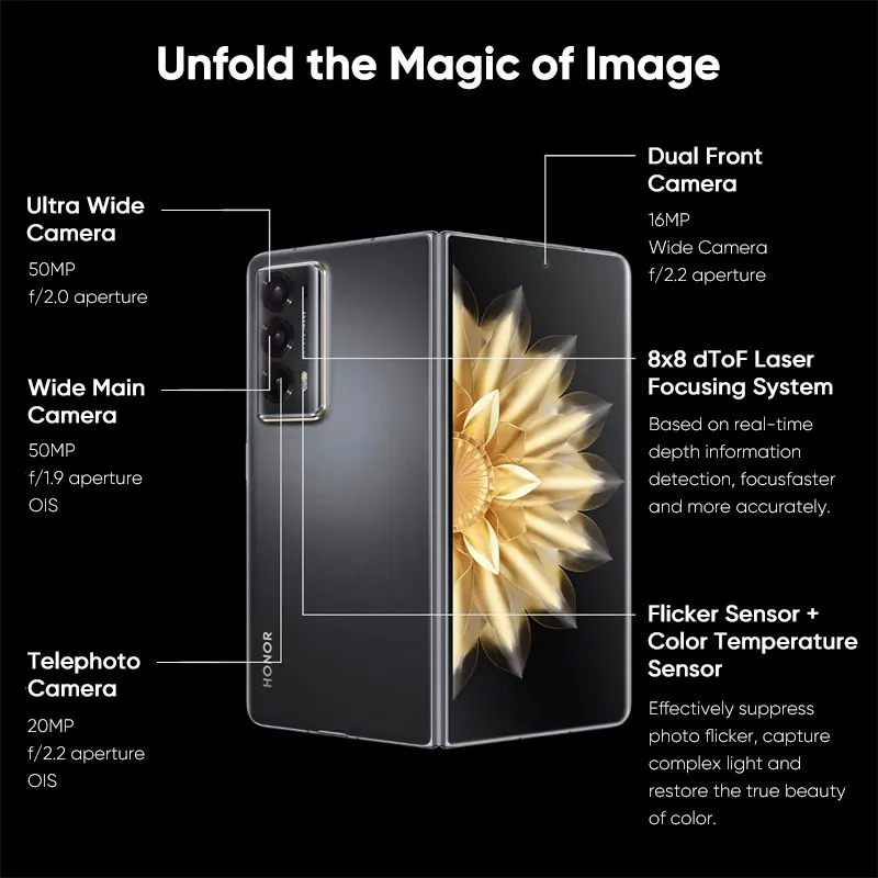 Versión Global Honor Magic V2 5G plegable LTPO OLED 120Hz pantalla 7,92 "50MP cámaras traseras Snapdragon 8 Gen 2 5000mAh 66W NFC