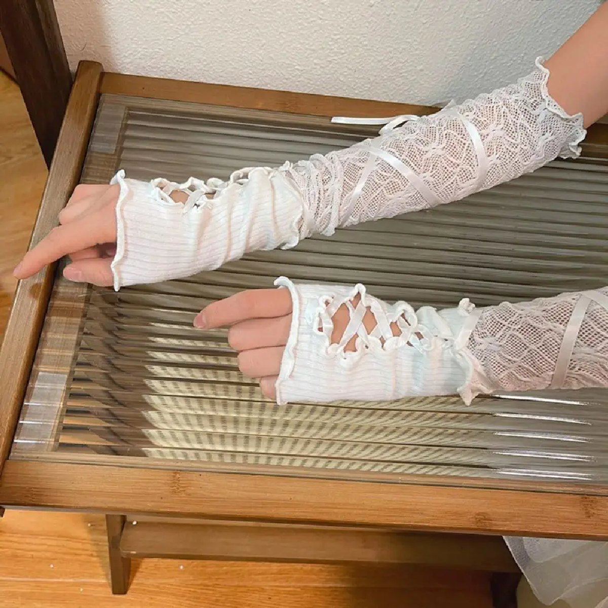 Frauen Lolita Jk Spitze Fingerlose Handschuhe Schwarz Gothic DIY Umreifung Sonnenschutz Hülse Kleidung Zubehör Elastische Mesh Punk Handschuhe