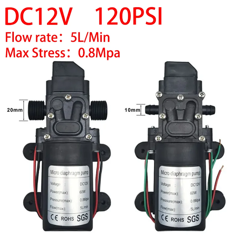 Dc 12v 120psi 60w 5l/min bomba de diafragma de alta pressão mini bomba elétrica autoescorvante máquina de lavar água pulverização de pesticidas