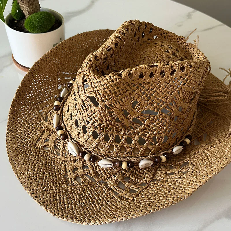 Sombrero de paja de concha bohemia de verano para playa, sombreros de vaquero para hombres y mujeres, cuentas de madera ahuecadas, sombrero de sol de ala ancha occidental, gorra de vacaciones