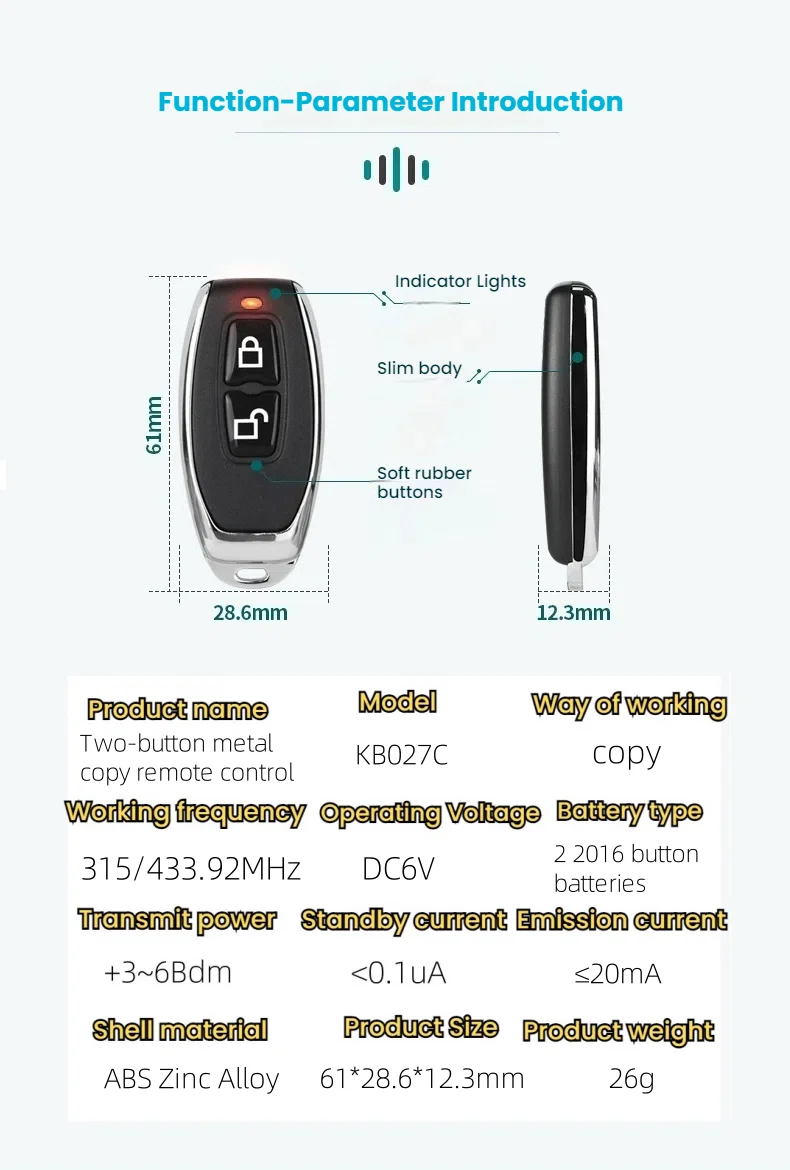 Control remoto inalámbrico RF de 433/315MHz, copia de código, 2 botones para abridor de puerta de garaje, automatización del hogar, alarma de coche