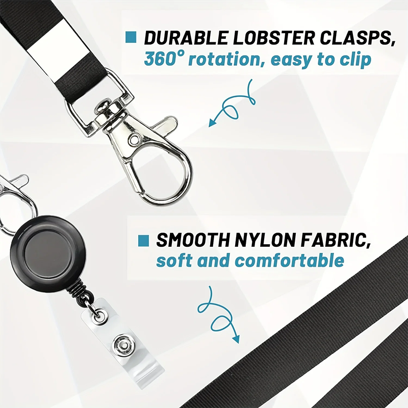 Black Retractable Badge Reel Set with Lobster Clasp and Waterproof PVC Card Holder, Durable Lanyard, for Work ID and Name Tags