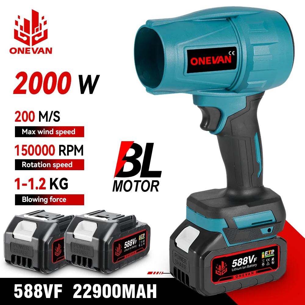 ONEVAN-ventilador Turbo eléctrico sin escobillas, 2000W, 200M/S, sopladores de aire de hojas inalámbricos, ventilador de chorro, herramienta eléctrica para soplado de polvo y nieve, compatible con batería de 18V