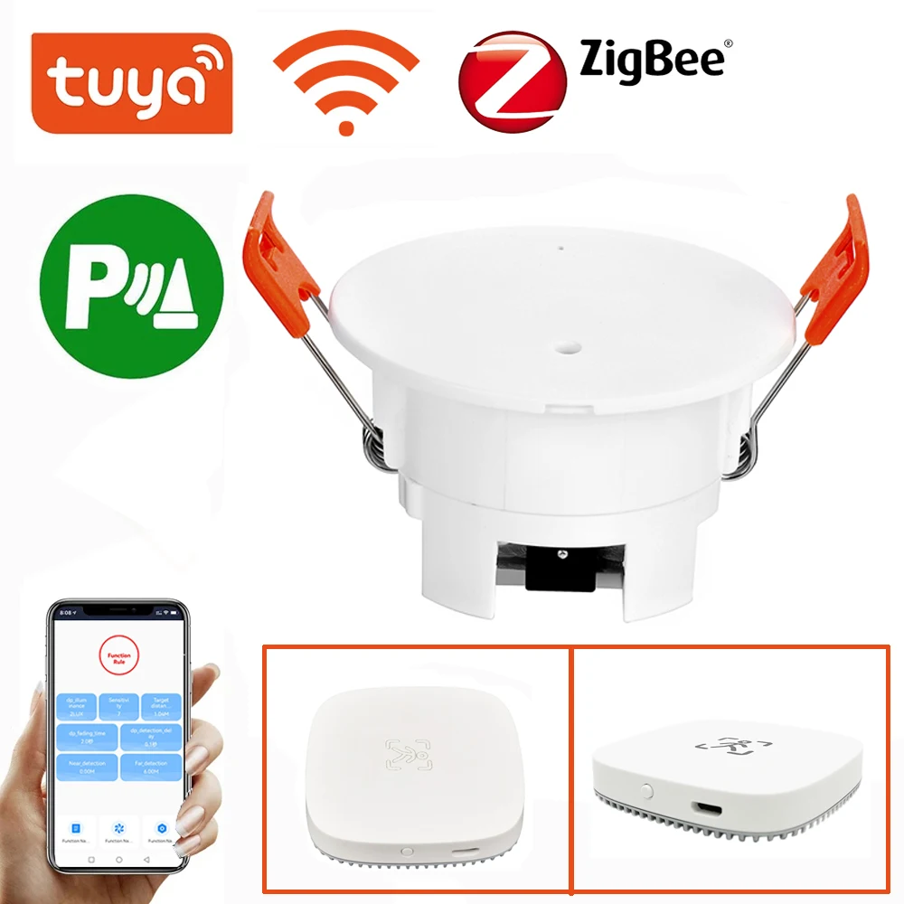 Sensor de movimiento de presencia humana Tuya ZigBee Wifi MmWave con detección de luminancia/distancia Sensor PIR de cuerpo humano inalámbrico en tiempo Real