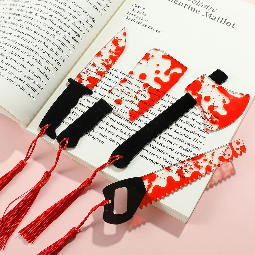Marcapáginas acrílico transparente con cuchillo de terror, sierra picadora de la serie temática de Halloween con sangre, Halloween para ratones de biblioteca, 1 Uds.