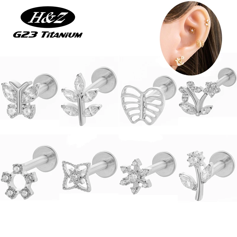 1 Buah Perhiasan Tindik Labret Titanium G23 Ulir Dalam, Stud Telinga Berhiaskan CZ Bentuk Bunga Kupu-kupu, Helix Tragus Stud Flatback, Perhiasan Tindik Bibir