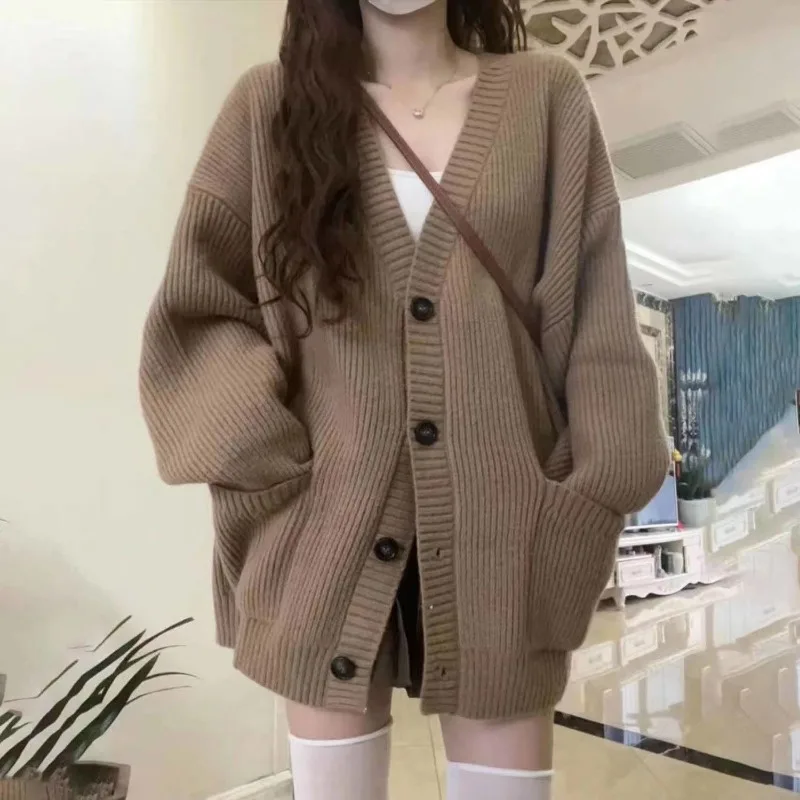 Otoño Invierno mujer cárdigan suéter abrigos moda femenina manga larga cuello pico chaquetas de punto sueltas suéter Casual cárdigans