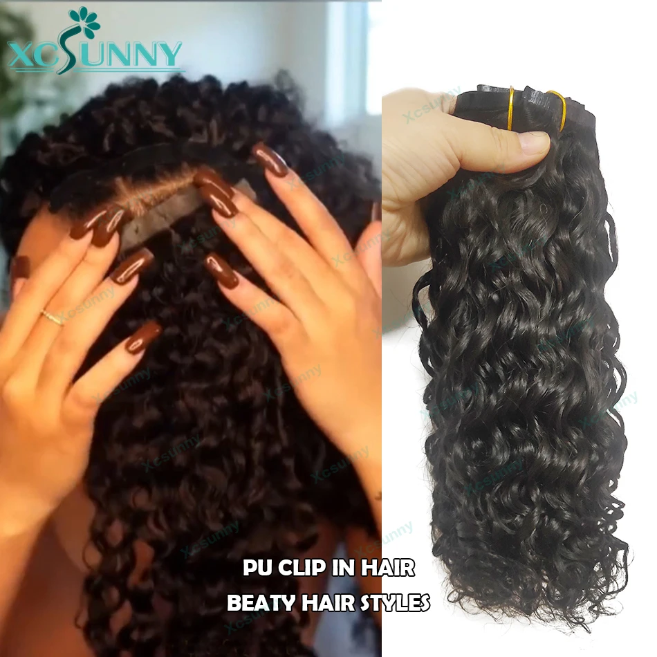 ไม่มีรอยต่อ PU คลิปในส่วนขยายของผมมนุษย์ Water Wave พม่าคลิป Ins Extensions Curly 120g/140g/240g ขายส่งสําหรับผู้หญิง