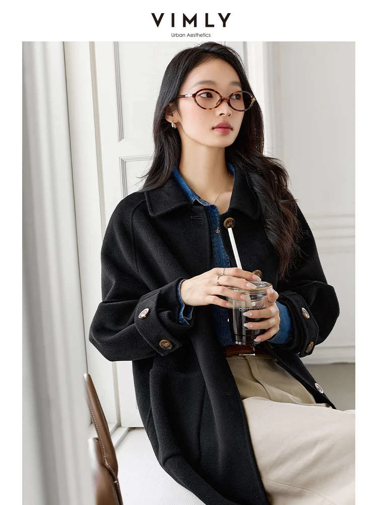 Vimly Double Faced Wool Blend ยาวฤดูหนาวผู้หญิงทําด้วยผ้าขนสัตว์สบายๆถักเสื้อ Office Lady WARM Overcoat 50811
