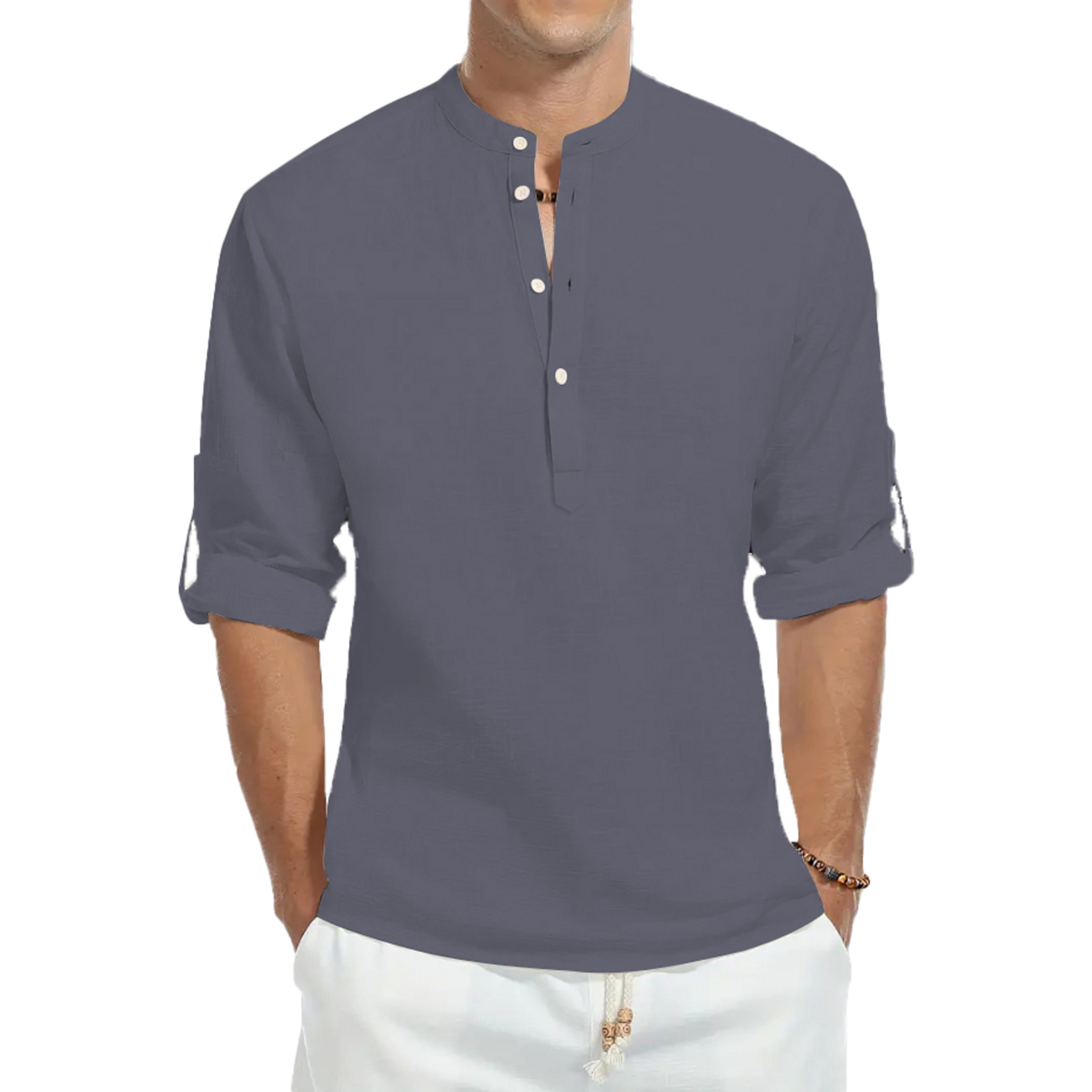 Camisas casuales, camisas holgadas de algodón para hombres, camisetas de manga larga de color sólido con cuello alto a la moda, bonitos tops ajustados