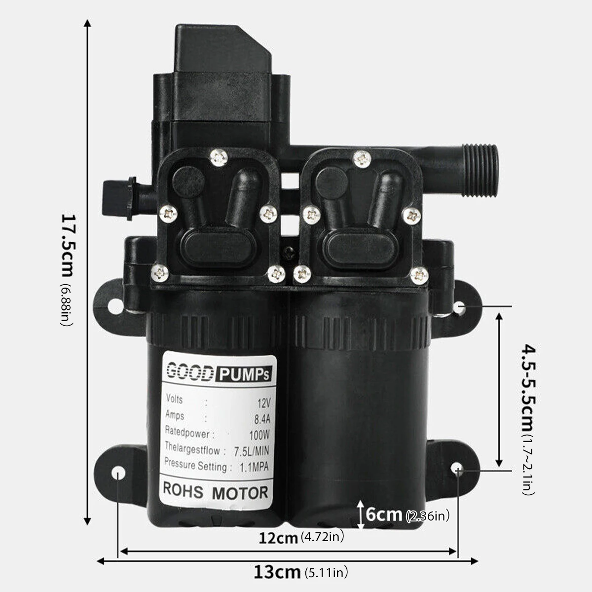 160PSI ปั๊มน้ำไดอะแฟรมแรงดันสูง12V ปั๊มน้ำแบบมัลติฟังก์ชั่นปั๊มน้ำ7.5L/นาที