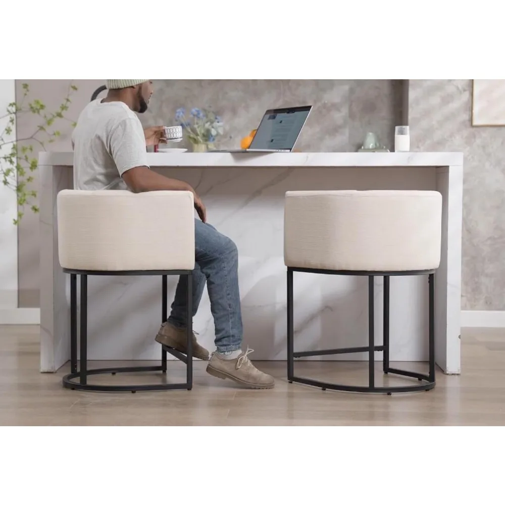 Contemporary Cream Linen Bar Stools Set of 3, 24" Upholstered Fabric Counter Height Barstools Kitchen Counter Island Stools with