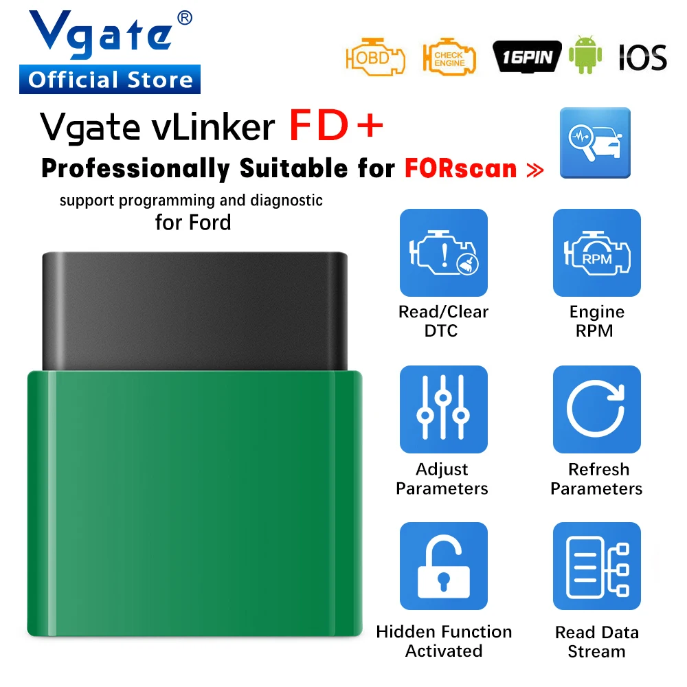 Vgate-Ferramenta Automática de Diagnóstico de Carro, Scanner OBD2, VLinker FD ELM327 FORScan para Ford Scan, Bluetooth 4.0, WIFI, ELM 327, J2534