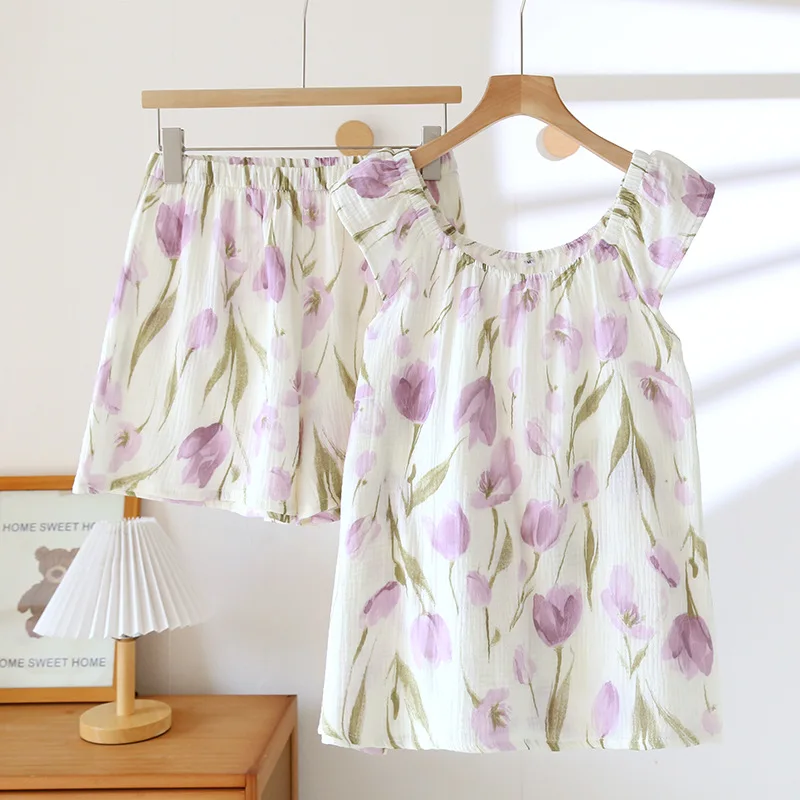 2025 frauen Neue Sommer Pyjama Set 100 % Baumwolle Crepe Weste + Shorts Zwei Stück Lose Hause Kleidung Set nachtwäsche Damen