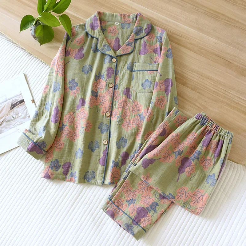 2025 japanisches Frühlings- und Herbst-Neues Damen-Pyjama-Set aus 100 % Baumwolle, Vintage-Langarmhose, zweiteiliges Set für Heimtextilien