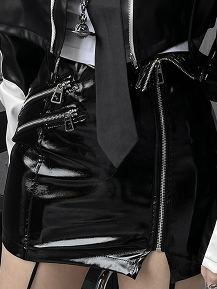 Nerazzurri Spring Summer Short White and Black Patchwork Shiny Patent Leather Jacket Women Adult’s Womens Pu Leather Cropped Top