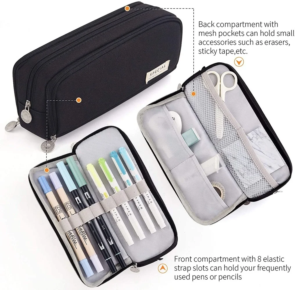 Kawaii ดินสอพื้นที่ขนาดใหญ่ 3 ช่องกระเป๋าคู่ด้านข้างเปิดเครื่องเขียนนักเรียน Desk Organizer อุปกรณ์โรงเรียน