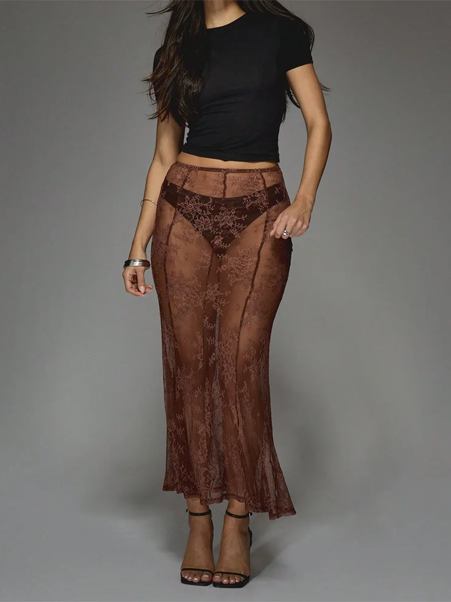 Falda larga de cóctel larga de moda con dobladillo de sirena con paneles de encaje transparente de verano para mujer para bar, playa, fiesta