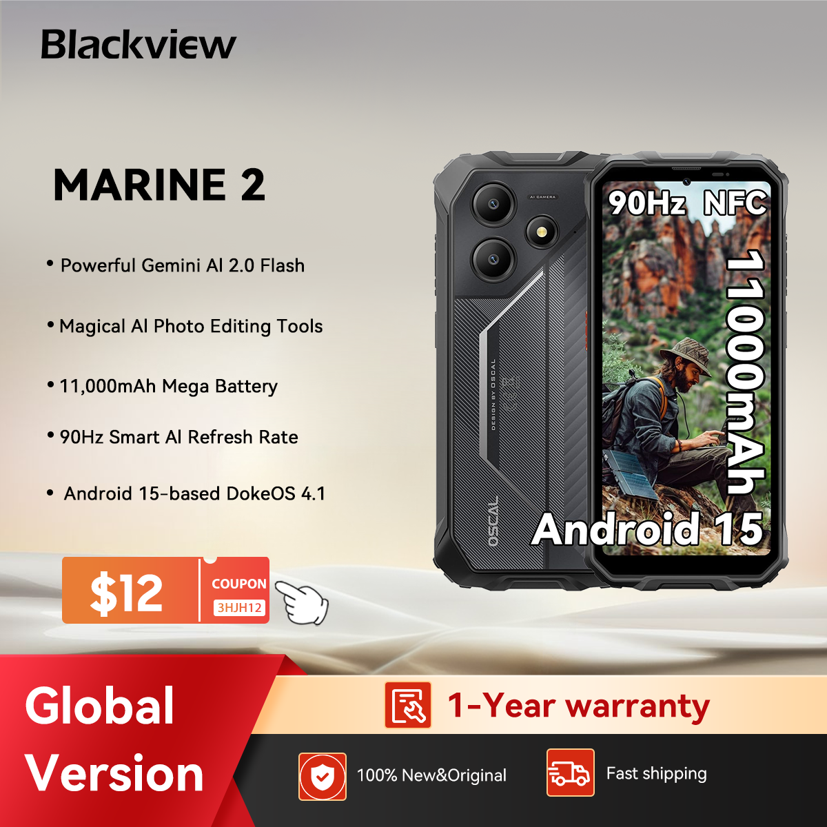 Blackview OSCAL Marine 2 Rugged Phone 8GB RAM 256GB Smartphone AI 11000mAh Battery 6.56 " HD+Display Unisoc T61 Android 15 NFC