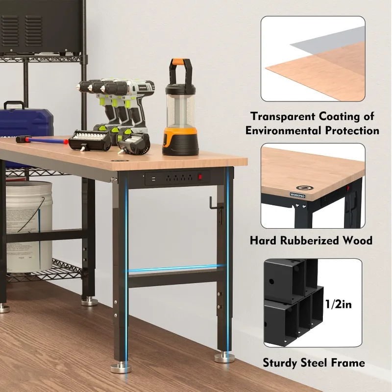 WORKPRO 60" Adjustable Workbench, Rubber Wood Top Heavy-Duty Workstation, 2000 LBS Load Capacity Hardwood Worktable