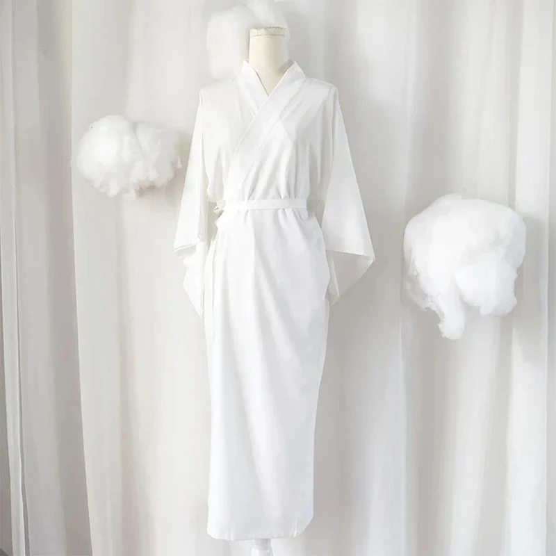 Quimono japonês tradicional branco com cinto, mangas compridas, forro yukata, pijama para férias, spa, hospital, entrega e academia