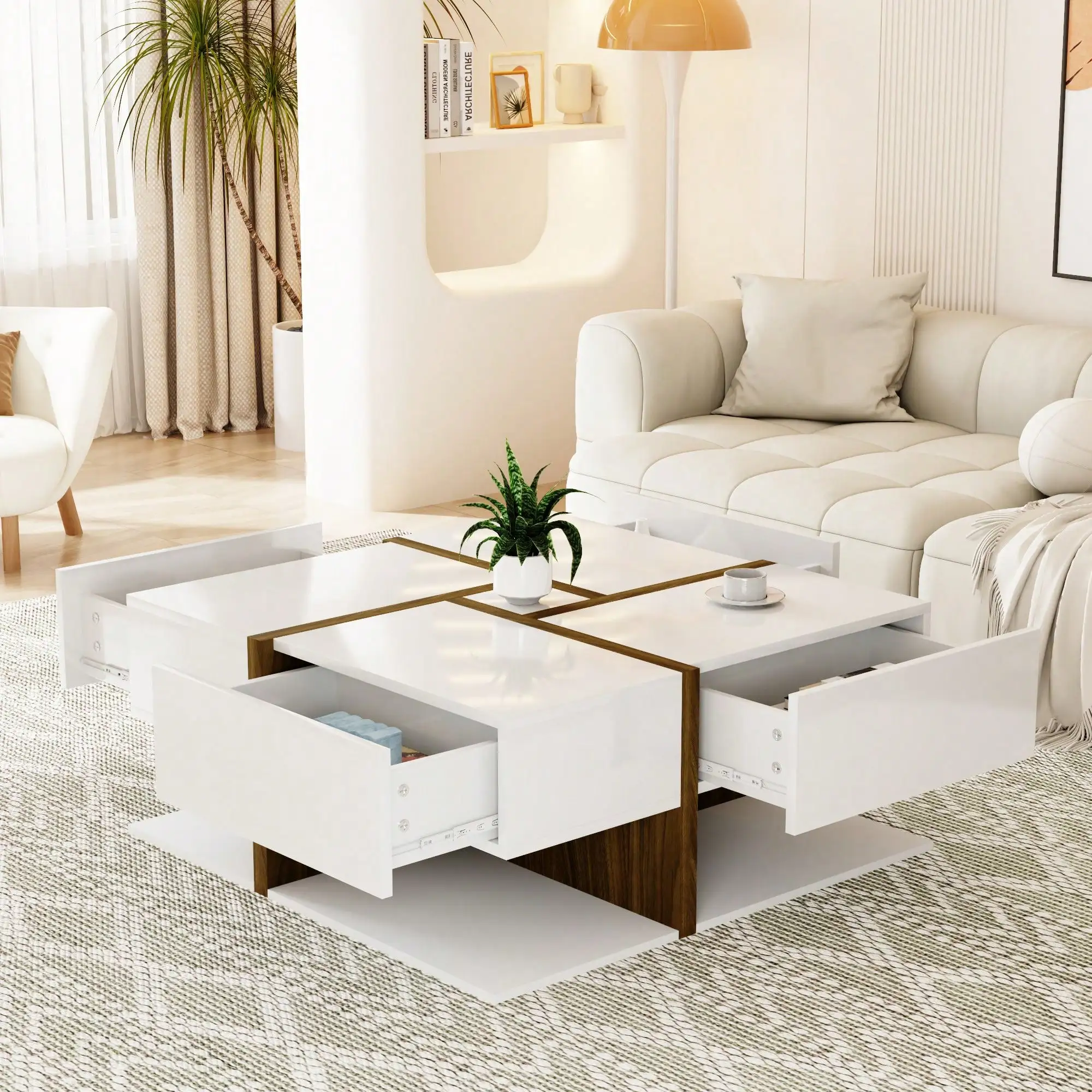 KOMHTOM Mesa de centro funcional quadrada moderna com 4 gavetas e espaço de armazenamento inferior, mesa de sala de estar, mesa de centro