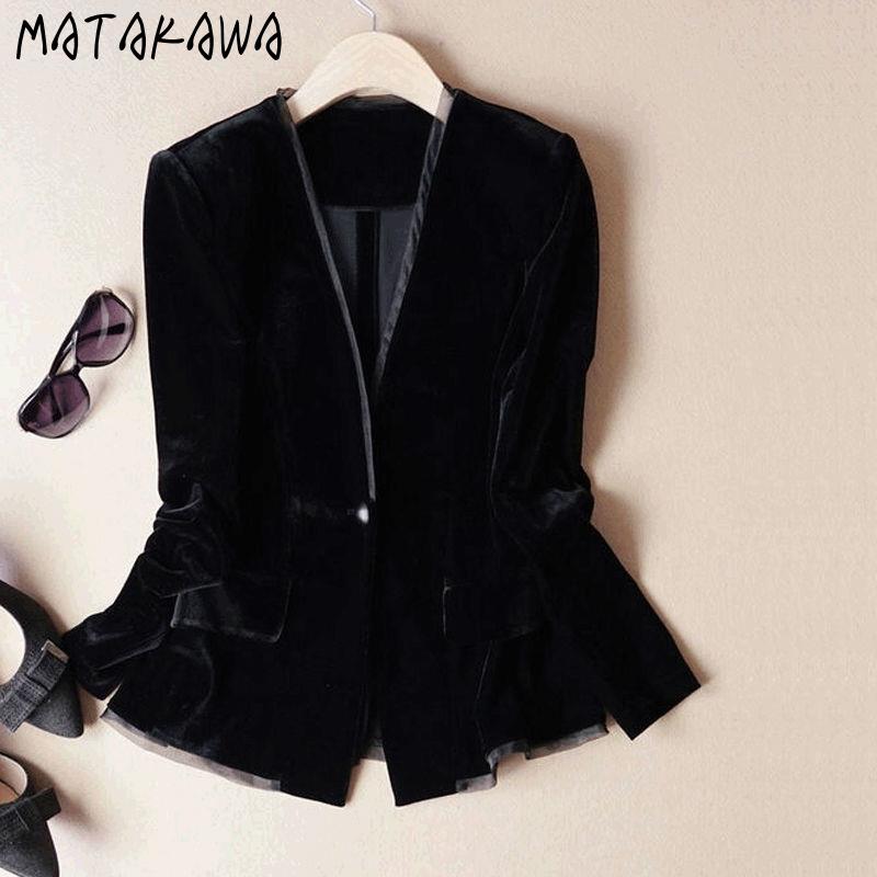 Matakawa Samt Frühling Herbst Blazer für Frauen Vintage Solid Black V-ausschnitt Elegante Chaquetas Büro Dame Einfache Blazer Mujer