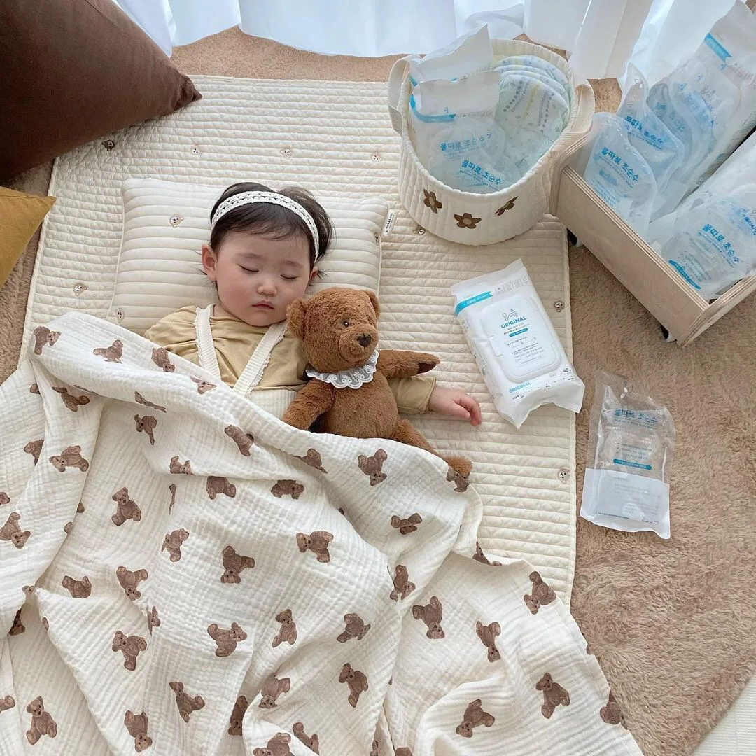 ทารกแรกเกิดหมีพิมพ์ผ้าห่มผ้าฝ้าย Double Gauze ผ้าห่มผ้าห่มเด็กผ้าเช็ดตัวผ้าห่มเด็กผ้าห่มเด็ก Swaddle