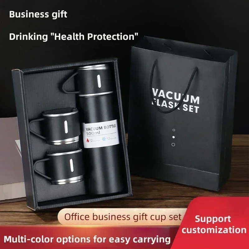 500ML 304 สแตนเลสสตีลสูญญากาศฉนวนขวดชุดของขวัญสํานักงานธุรกิจแก้วกาแฟขวดน้ําสแตนเลสพร้อมฟาง