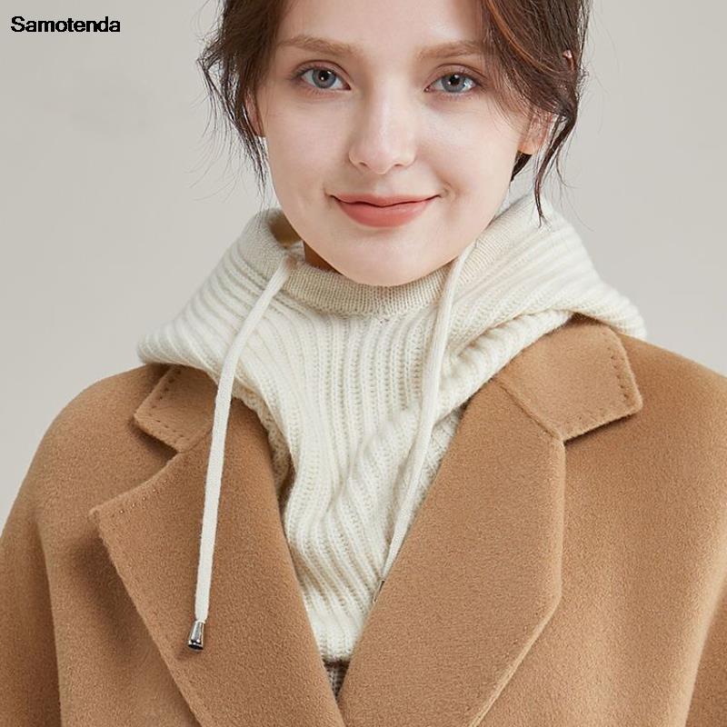 2023 Unisex Gebreide Hoofdkap Faux Kasjmier Capuchon Kraag Cap Hoofd Trekkoord Dikke Beanie Mannen Vrouwen Verstelbare Elastische Hoed