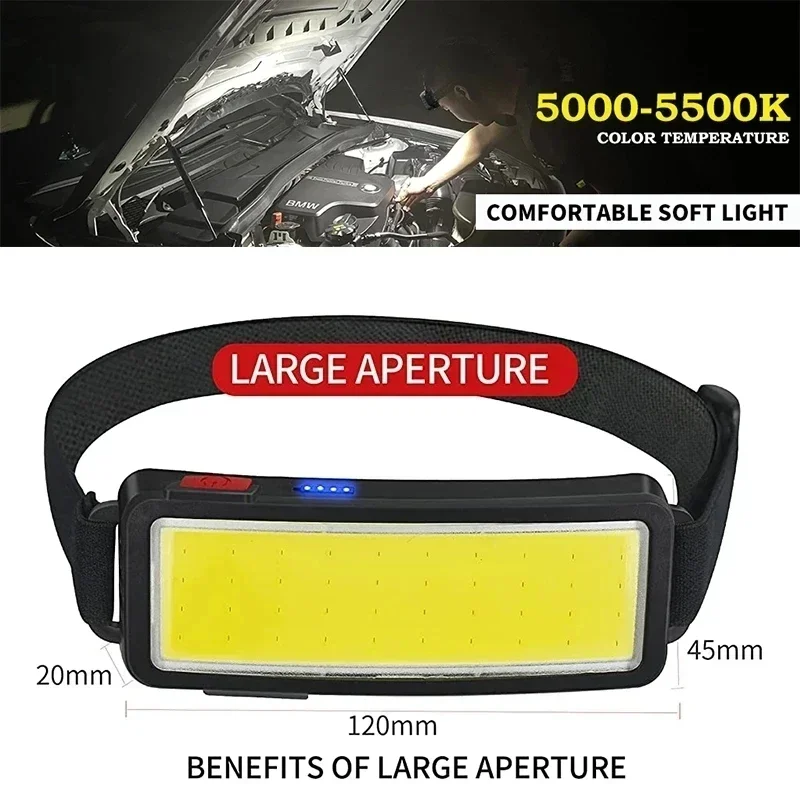 COB LED ไฟหน้าไฟฉาย 3 โหมด,แบตเตอรี่ในตัว USB ไฟหน้าแบบชาร์จไฟได้กลางแจ้งฉุกเฉินแคมป์ปิ้งตกปลาโคมไฟ