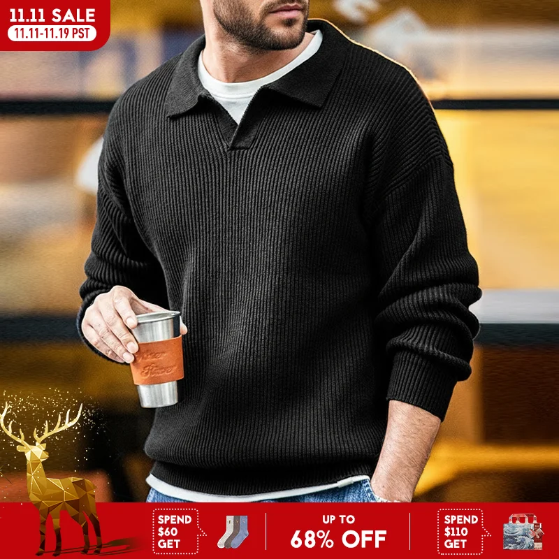 Maden Retro-Poloshirt mit Polokragen, gestrickt, vertikal gewebt, Lazy Pullover, Pullover für Herren, Herbst und Winter, Revers, weich, warm