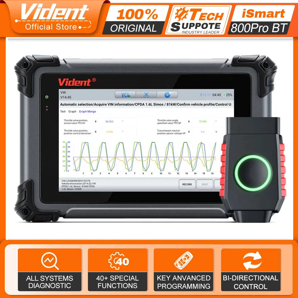 Vident ismart800pro bt scanner de carro todo o diagnóstico do sistema 40 função de reinicialização obdii função completa programação chave fob