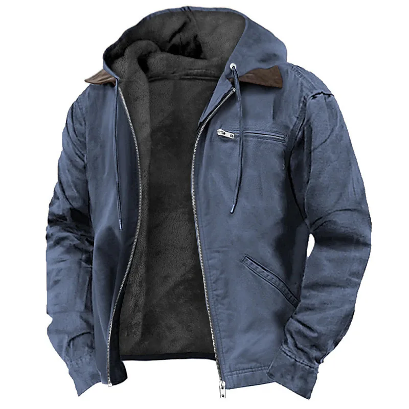 Homens outono inverno cor sólida com capuz roupas de algodão casual veludo zíper bolso com capuz jaqueta casaco moletom