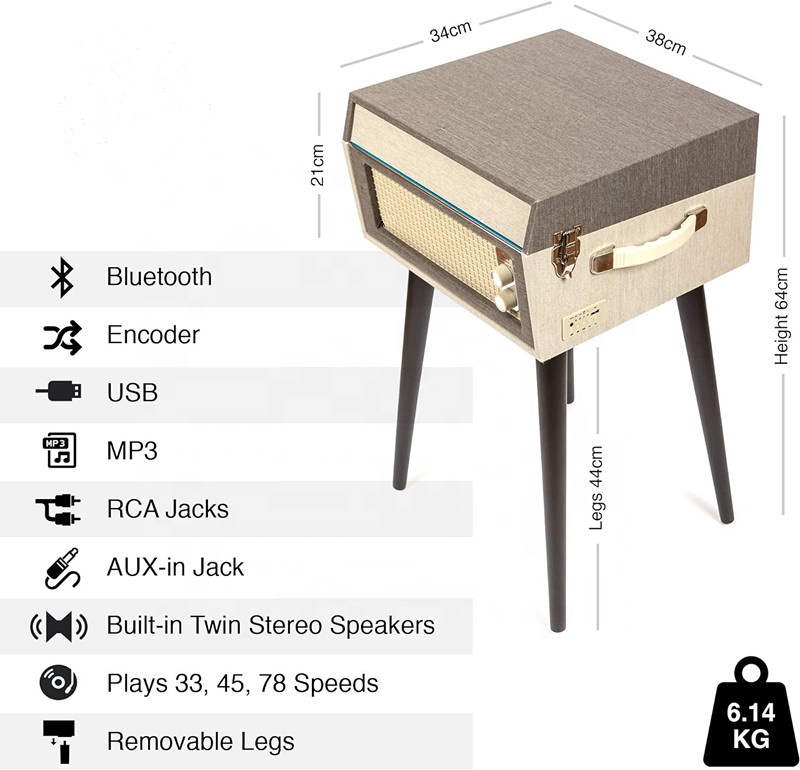 Reproductor de tocadiscos Bluetooth clásico USB con patas extraíbles (gris/crema)