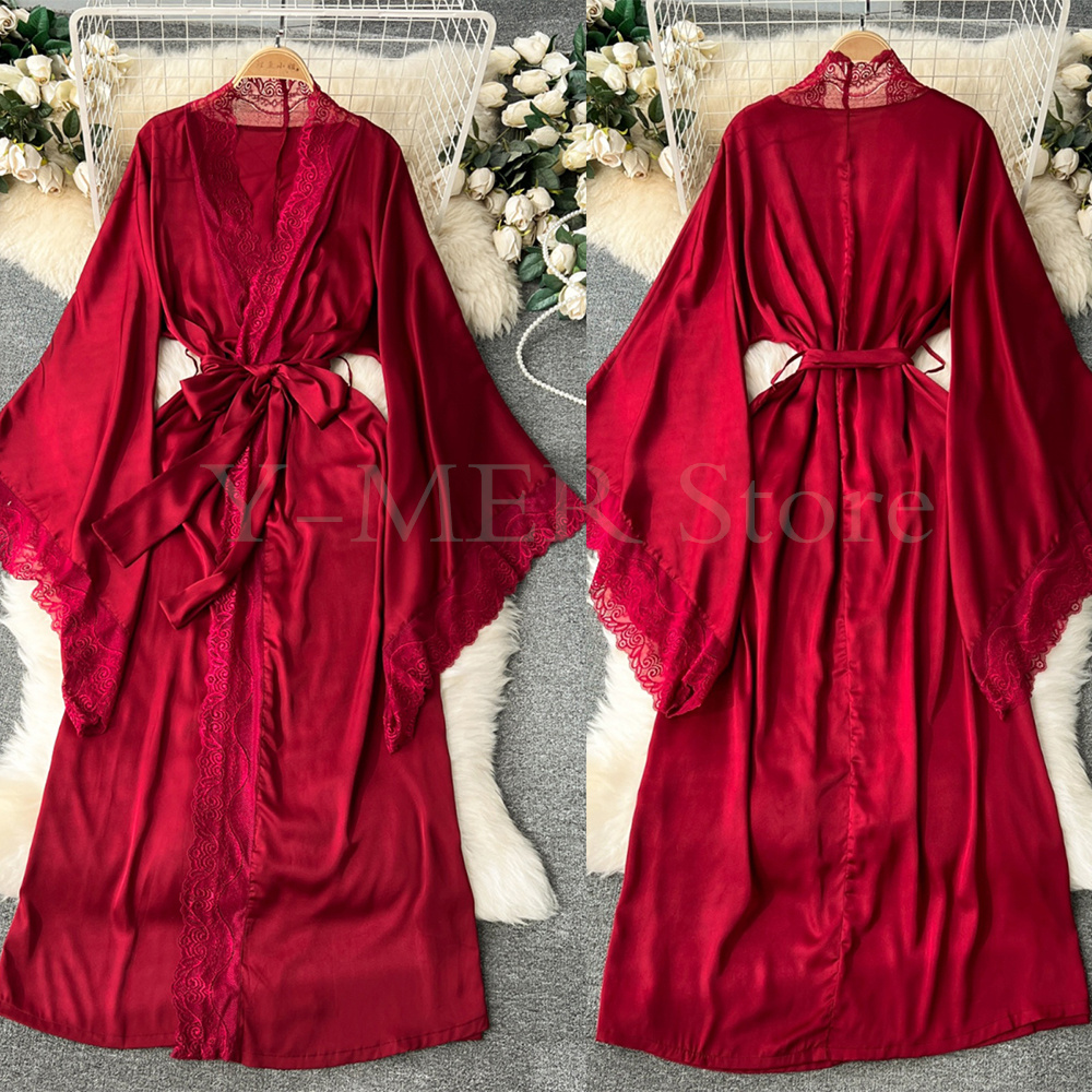 Bata de boda Ultra larga para mujer, Kimono blanco, ropa de dormir holgada, albornoz Sexy con manga de encaje grande, ropa de dormir, batas de rayón