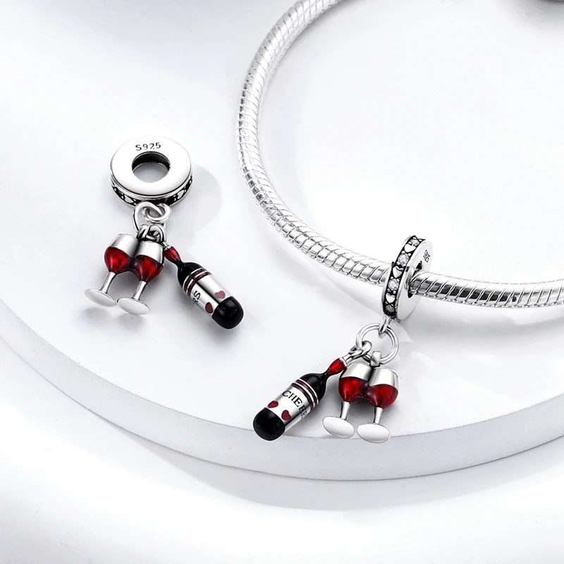 Original 925 prata esterlina vermelho charme contas vinho tinto pimenta haltere pingente para mulher caber diy pulseira aniversário jóias presente