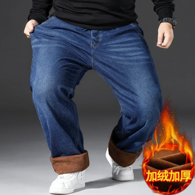 PLUS ขนาด DENIM กางเกงยีนส์ผู้ชายหนาฤดูใบไม้ร่วงและฤดูหนาวขนแกะกางเกงหลวมตรงคุณภาพสูง Casual Elastic WARM กางเกงแฟชั่น