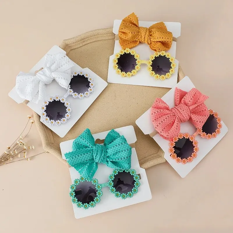 2 pçs crianças óculos de sol bandana conjunto margarida flor redonda criança óculos de sol meninas proteção solar