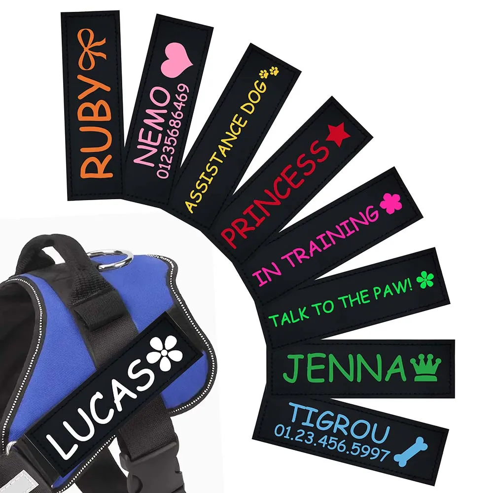 2 uds etiquetas personalizadas con nombre de perro patrón colorido arnés para mascotas etiqueta personalizada pegatinas removidas ID correa para el pecho de perro chaleco Collar etiqueta