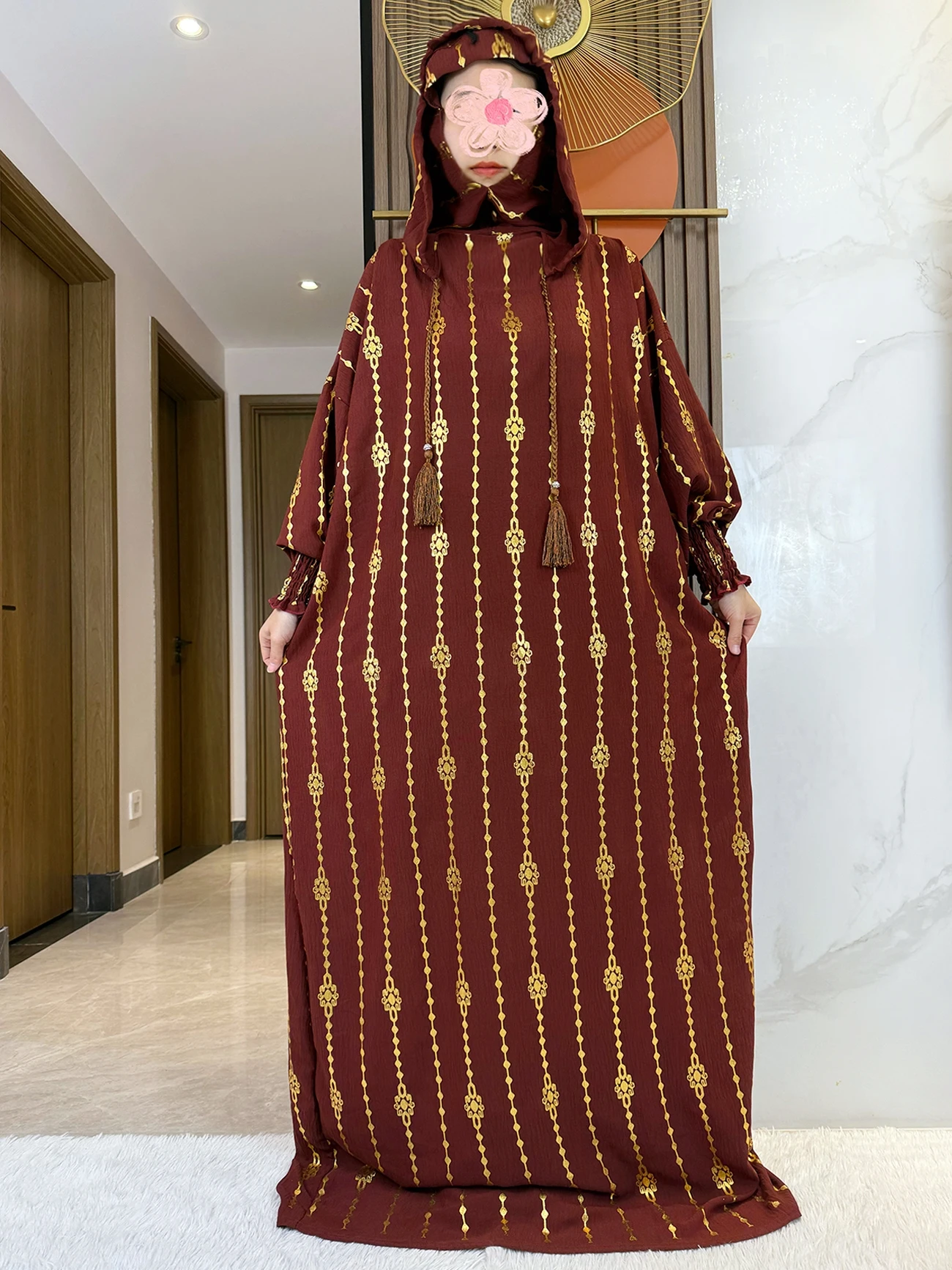 女性のための純綿の2つの帽子のアバヤ,ラマダンの服,イスラム教の祈り,カフタン,ドバイ,トルコ,金のスタンプ,イスラム教徒の服