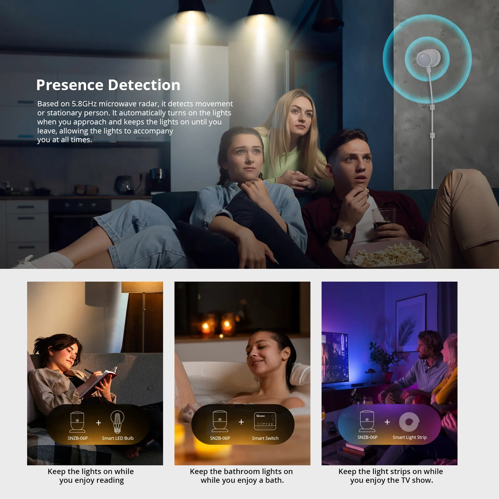 1-10 Uds SONOFF SNZB-06P Zigbee 3,0 Sensor de presencia humana iluminación Sensor de movimiento automatización del hogar inteligente funciona con Zigbee2MQTT ZHA