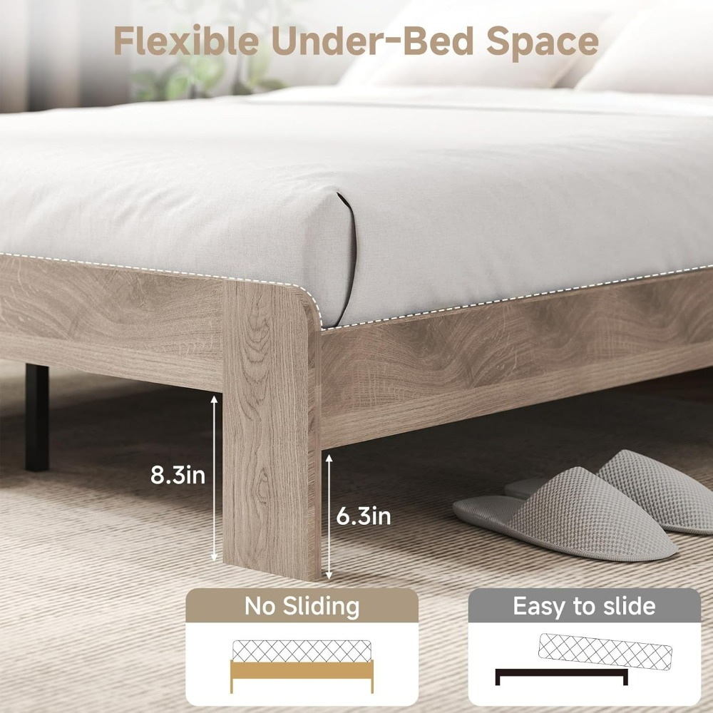 Queen Bed Frame with Headboard, LED Lights, Charging Station with 2 USB Ports & 2 AC Outlets, Sturdy Wood Framework, Noiseless
