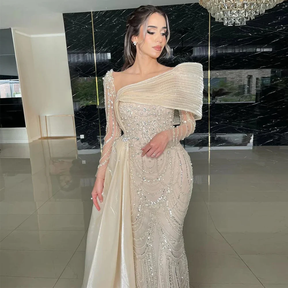 Arábia Saudita Vestidos de Luxo Jersey Sereia/Trompete Celebridade Vestido Marfim Off-a-ombro Pérolas Beading Prom Vestido Longo
