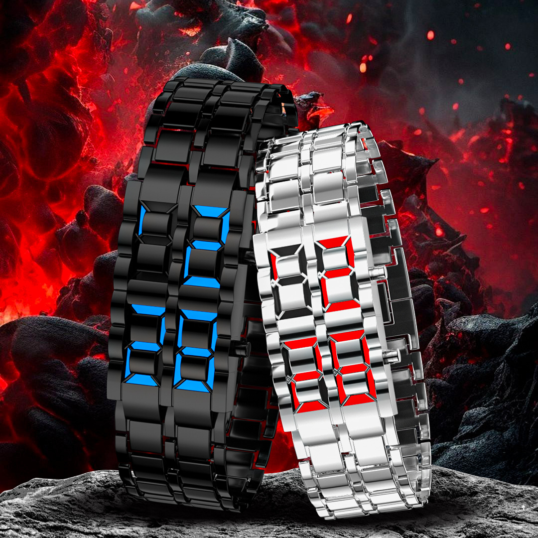 แฟชั่น Mens Digital Lava นาฬิกาข้อมือผู้ชายสีดําโลหะสีแดงสีฟ้าจอแสดงผล LED นาฬิกาของขวัญสําหรับชายกีฬานาฬิกาสร้างสรรค์